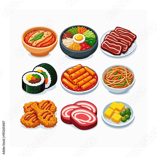 Authentic Korean Food Assortment in Pixel Art Style