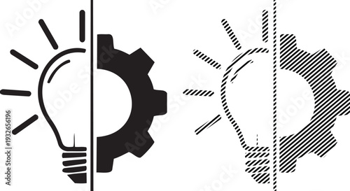 Vector Idea Generation Icons: Lightbulb and Gear Combo, Black and Hatch Styles Illustration