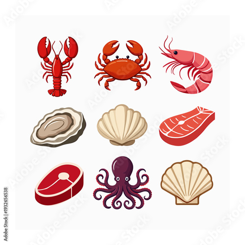 Seafood and Steak Icons: Fresh Delicacies for Culinary Design