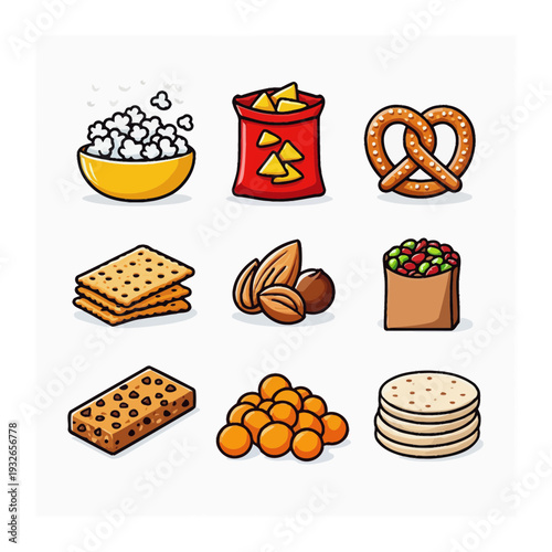 Snack Food Icons: Popcorn, Chips, Pretzels, Nuts, and Tortillas
