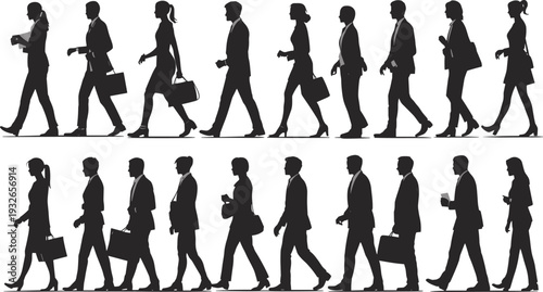 Silhouettes of business people walking and holding documents on a white background Keywords: business, people, silhouette