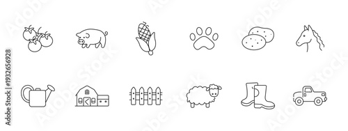 Farm agriculture livestock set icon. Tomato pig corn paw potato horse watering can barn fence sheep boots pickup depict rural animal harvest countryside.