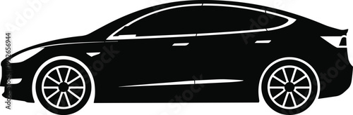 Black silhouette of modern electric sedan car side view isolated on white background vector illustration for automotive transport and technology, 20 words.