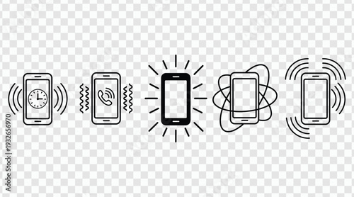 Collection of five different mobile phone alert icons indicating various notifications or calls
