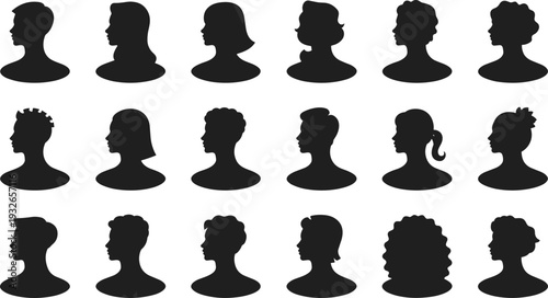 Silhouettes of Diverse Human Heads and Hairstyles in Profile and Frontal Views vector illustration
