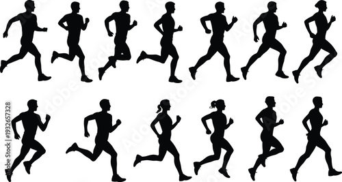 Silhouettes of men and women running in various stages of motion on white background runner woman