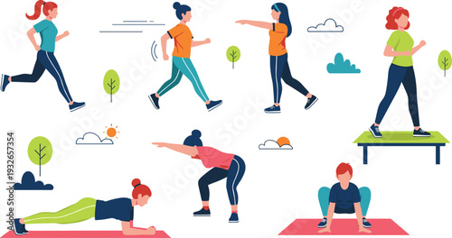 Healthy Lifestyle Vector Character Set of Women Doing Yoga, Stretching, Running, and Outdoor Exercises for Wellness Apps, Fitness Blogs, and Athletic Training Illustrations