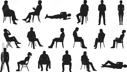 Silhouettes of people in various sitting and lying poses on a white background Keywords: person, silhouette, sitting, lying