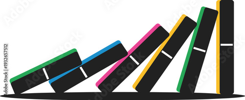 Falling dominos vector illustration, colorful blocks in chain reaction, sequential toppling effect