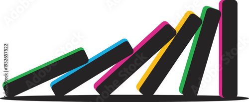 Falling dominos vector illustration, colorful blocks in chain reaction, sequential toppling effect