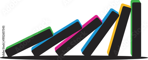 Falling dominos vector illustration, colorful blocks in chain reaction, sequential toppling effect