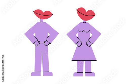 Strange characters. Man and woman with mouths. Social interaction. Surreal people with lips instead of heads. Communication and gossip concept.Minimalist vector illustration on isolated background