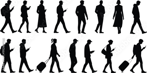 Silhouettes of people walking and using smartphones with luggage on white background Keywords: silhouette, people, walking