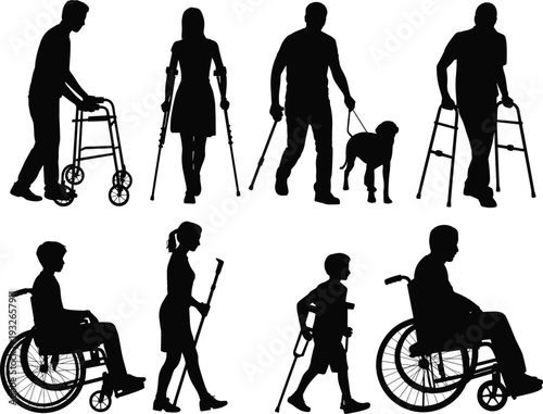 Silhouettes of people with disabilities and assistive devices on white background Keywords: disability, disabled, people