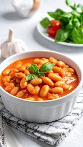 A bowl of beans in tomato sauce garnished with basil