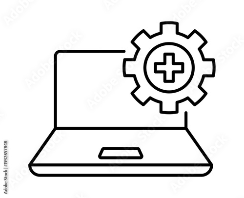 Medical Service Settings Icon. Healthcare System Configuration with Plus Gear on Monitor