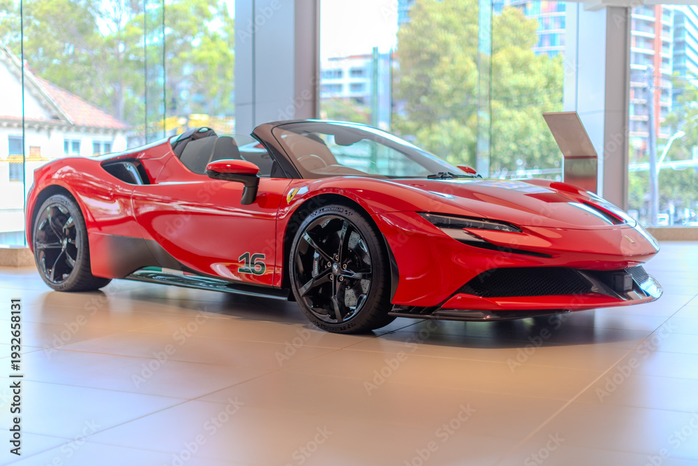 Naklejka premium 2 March 2026 Italian Car beautiful Ferrari large mag wheels bright colours on show in Sydney NSW Australia