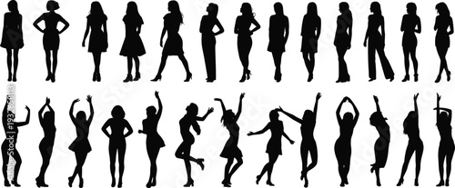 Silhouettes of Women in Dresses and Pants in Various Poses on White Background fashion female
