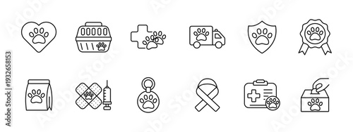 Pet care set icon. Paw heart, carrier box, veterinary cross, ambulance truck, shield protection, award badge, food bag, bandage syringe, tag pendant, awareness ribbon, medical card, donation box.