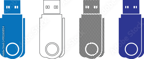 Vector Four USB Drive Icons: Solid Blue, Outline, Hatch, and Solid Purple Illustration
