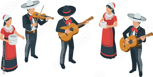 Isometric illustration of traditional Mexican mariachi musicians, performing with guitars and violin in colorful folk costumes and cultural celebration scene