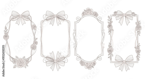 Elegant ornamental vintage frame vector illustration featuring soft curved borders ribbon bow accents and refined symmetrical detailing designed for wedding invitations luxury greeting cards certifica