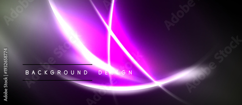 Abstract purple design features bright lines, gradients. Dark background creates dramatic visual effect. Modern, sleek presentation.