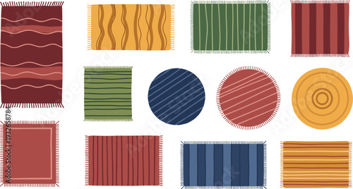 Set of Hand Drawn Vector Illustration Rugs and Carpets with Striped Patterns and Fringes for Cozy Home Interior Decor and Textile Design Concepts