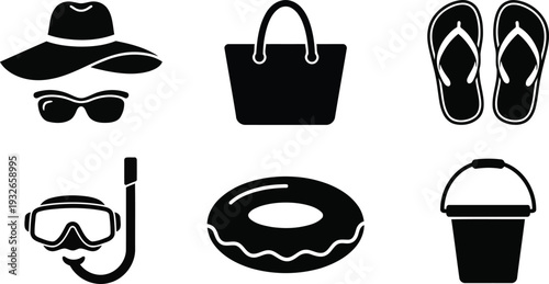 Collection of isolated beach vacation icons including hat sunglasses bag flipflops snorkel float and bucket