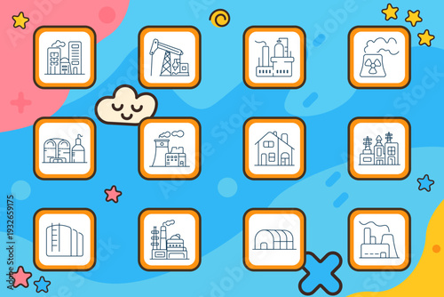 Industry icon. Factory, oil pumpjack, refinery, nuclear plant, warehouse, power station, industrial building, storage tank, energy production, manufacturing facility, infrastructure, heavy equipment