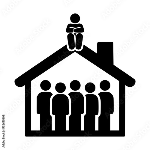 Introvert Concept Person Sitting Alone on Roof Above Family in House Isolation and Solitude Theme
