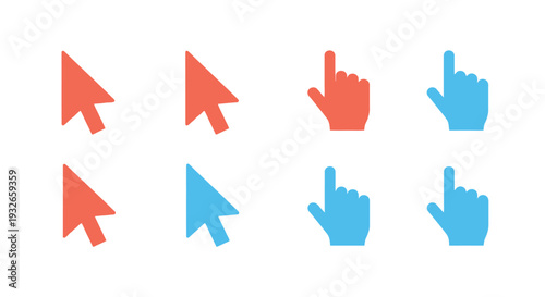 Colorful cursor icons depicting different pointing hand gestures