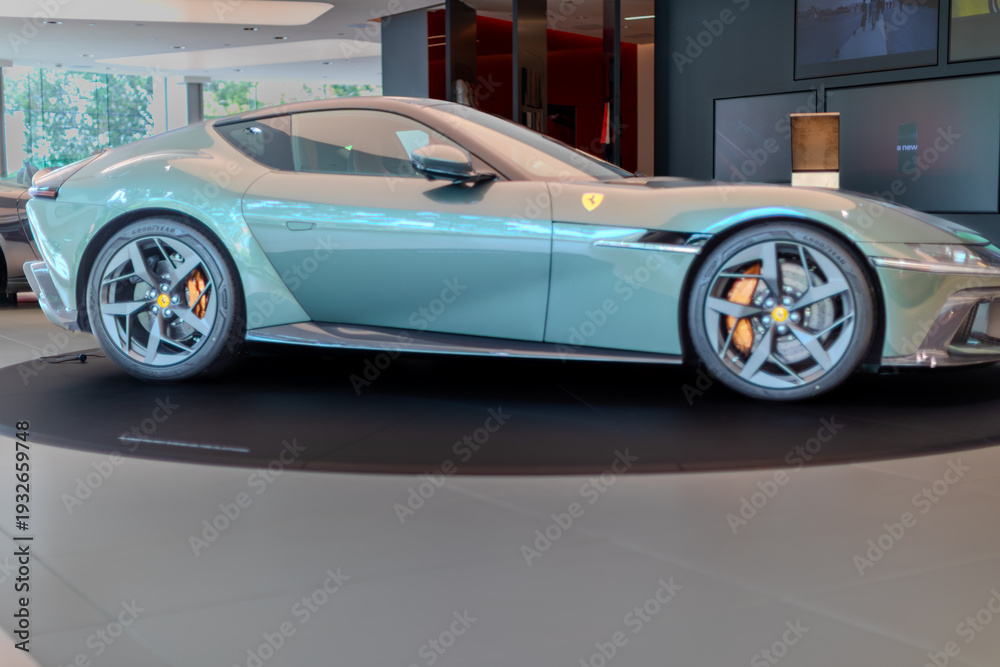 Obraz premium 2 March 2026 Italian Car beautiful Ferrari large mag wheels bright colours on show in Sydney NSW Australia