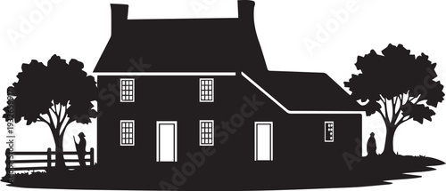 Colonial era american house silhouette vector illustration with trees and people line art