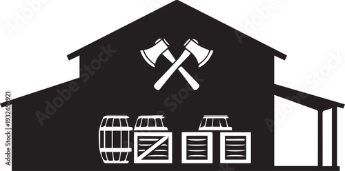 Colonial era general store or trading post vector silhouette illustration with barrels and crates