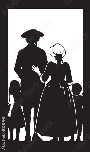 Colonial family vector silhouette illustration with parents and two children in period dress