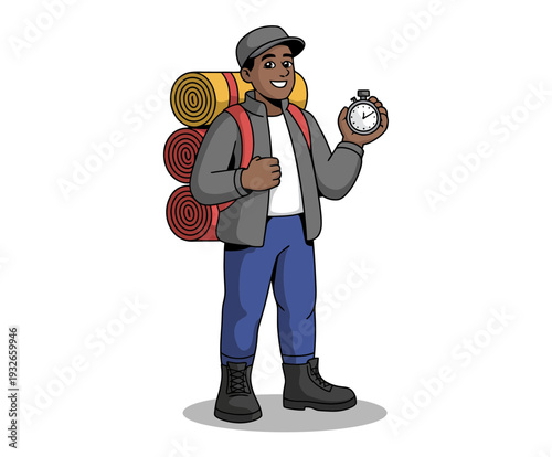 A cartoon illustration of a smiling hiker checking his watch while wearing a backpack