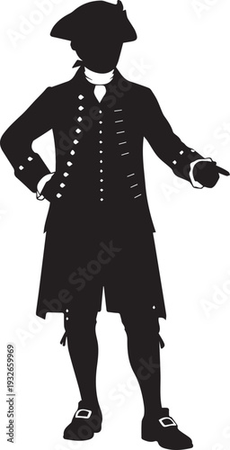 Colonial man in historical costume vector silhouette illustration with tricorn hat and coat