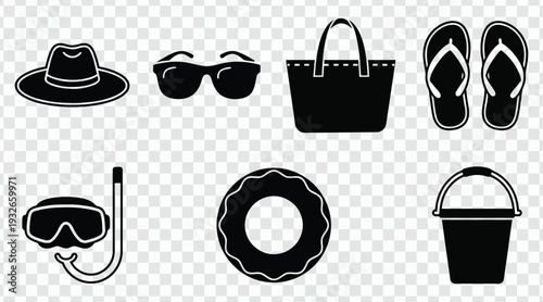 Collection of simple black icons representing summer vacation and beach activities on a clear surface