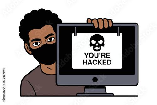 A cartoon man wearing a black face mask holding a computer monitor with a skull and the words 'You're Hacked' on the screen