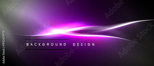 Abstract purple waves, bright light source. Dark background creates dramatic visual effect. Text reads background design.