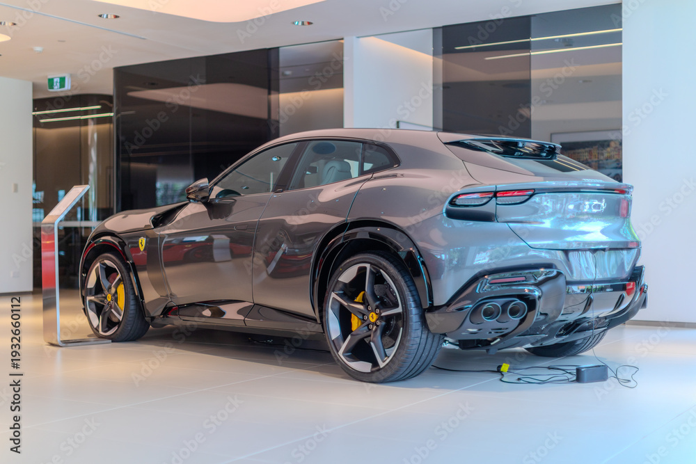 Obraz premium 2 March 2026 Italian Car beautiful Ferrari large mag wheels bright colours on show in Sydney NSW Australia