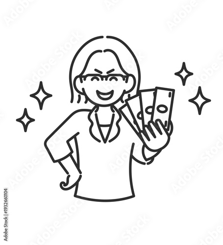 お札を手にして笑顔の稼ぐ40代女性のイラスト　線画のみ