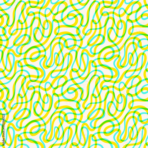 Continuous organic line seamless vector maze pattern. Endless groovy spring summer background. Layered risograph print effect. Doodle uneven hand drawn curved wavy line fluid winding twisted stripe.