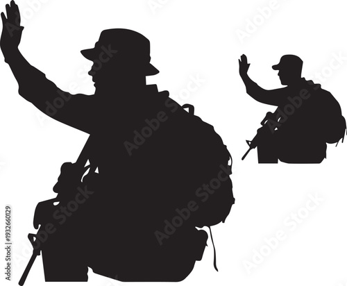 Modern military soldier vector silhouette illustration with rifle, backpack, and waving hand