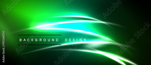 Abstract green background features flowing lines, bright neon glow. Modern design element suitable for digital projects.