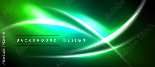 Abstract neon lines create vibrant green background. Smooth curves intersect, forming dynamic visual effect. Dark space surrounds bright illumination.