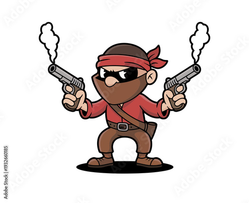 A cartoon illustration of a bandit character holding two smoking guns in a playful and humorous pose.