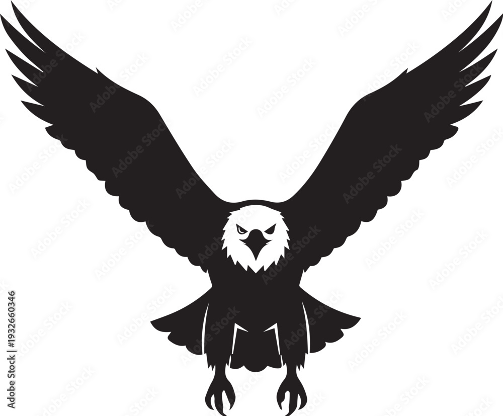 Obraz premium Vector silhouette illustration of fierce eagle bird flying with open wings line art
