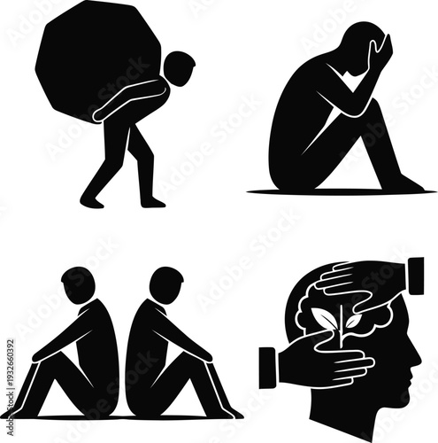 Mental health icon set representing depression, emotional stress, social isolation, and psychological therapy growth for wellness, healthcare, and counseling services